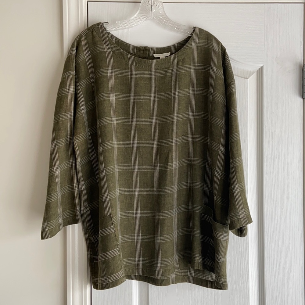Eileen Fisher Olive Green Plaid Relaxed Linen Top